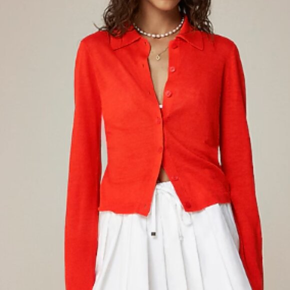 J. Crew Collared Button-Up Linen Sweater Cardigan Poppy Small NWT ! - Picture 1 of 7